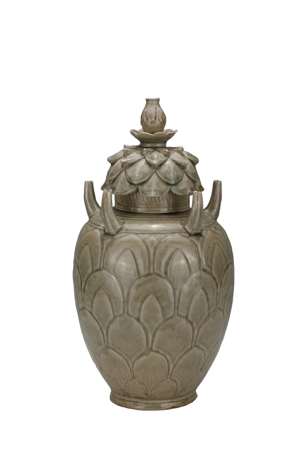 五代越窑青釉俯仰莲瓣五管瓶