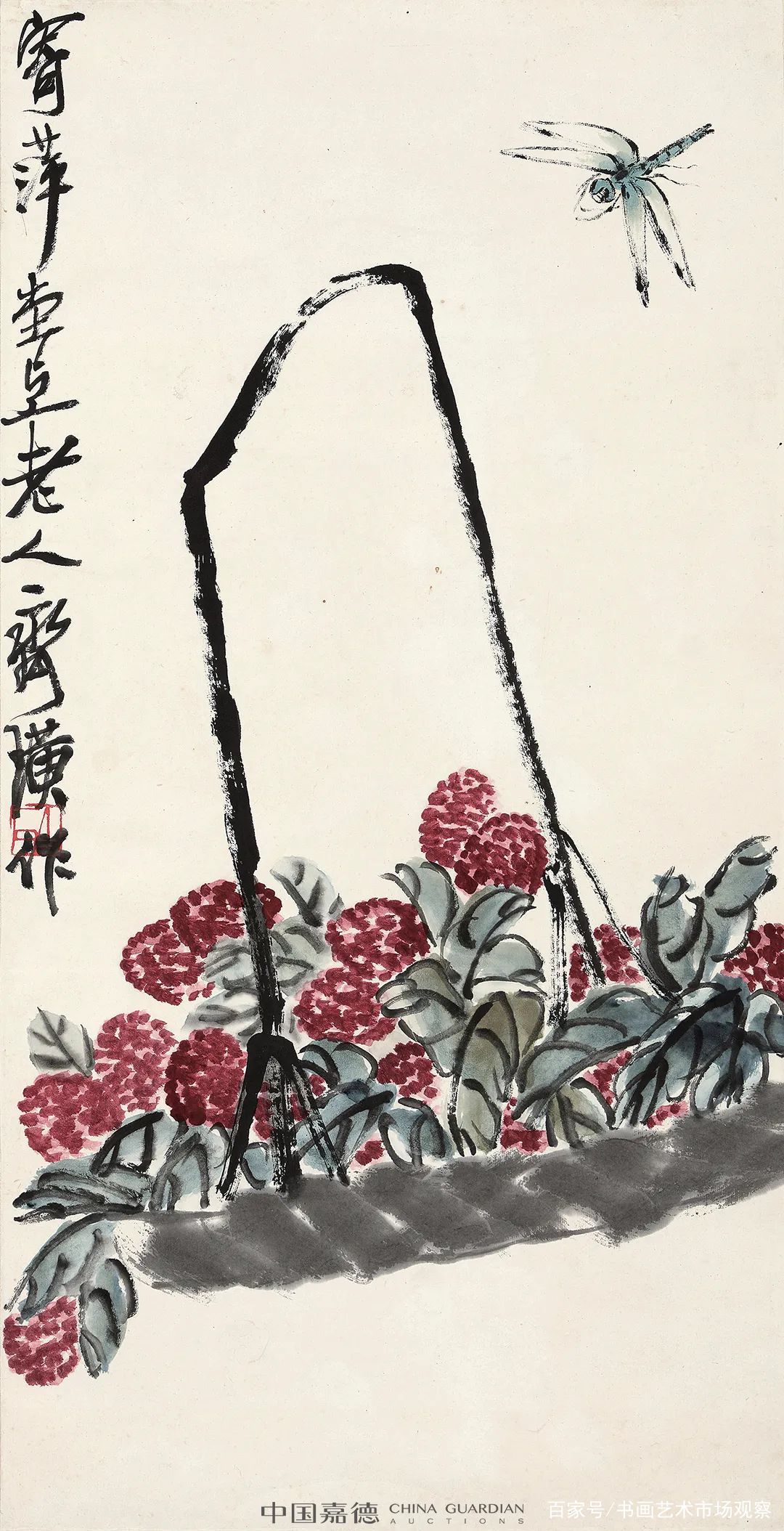中国古美術・旧藏珍品・齐白石款・花卉画・宣紙・純手描き・掛軸・中堂畫・藍地装飾 中国古美術・旧藏珍品・齐白石款・花卉画・宣紙・純手描き・掛軸
