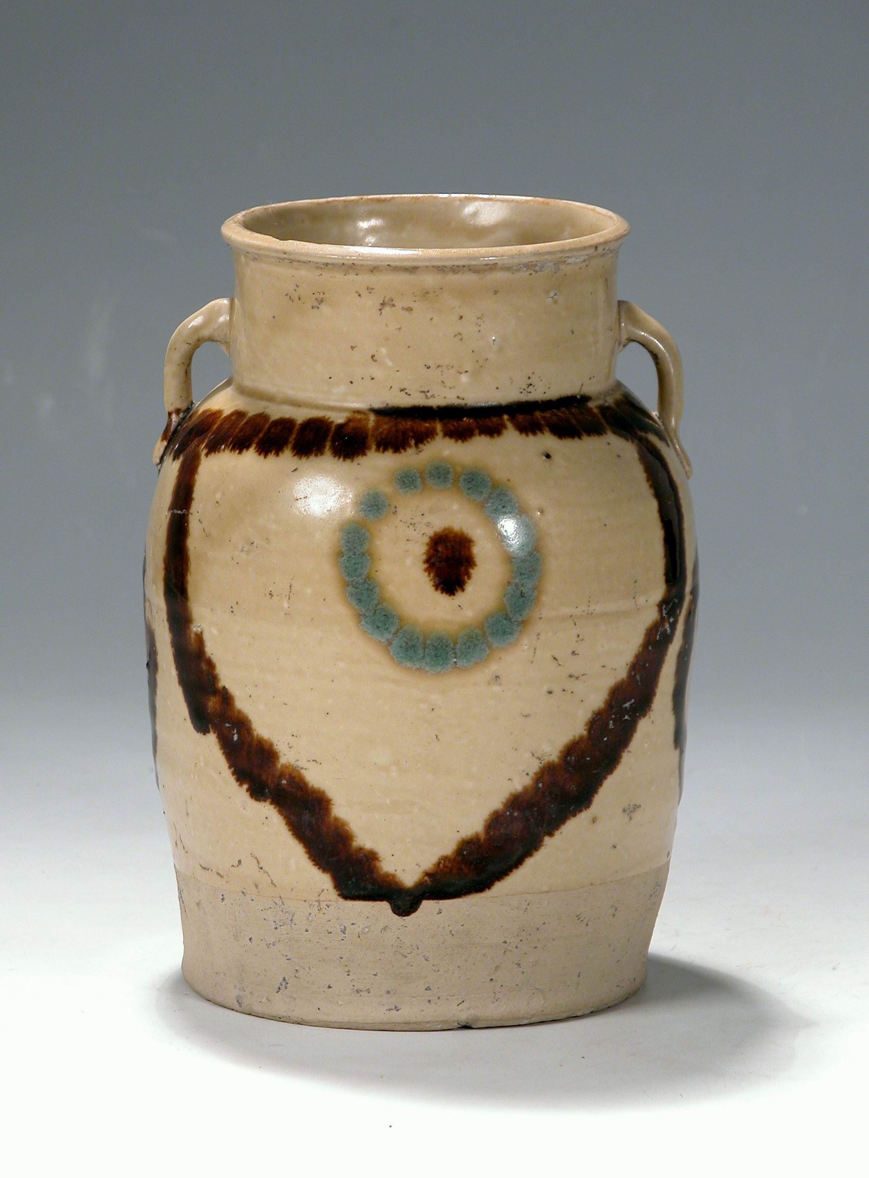 唐长沙窑青釉褐绿点彩双耳罐