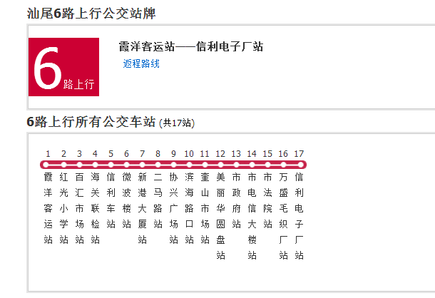  p>汕尾公交6路是一条公交车线路,发车间隔为7分钟. /p>