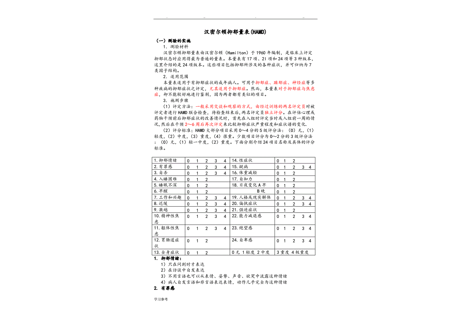 汉密尔顿抑郁量表(hamd)检查