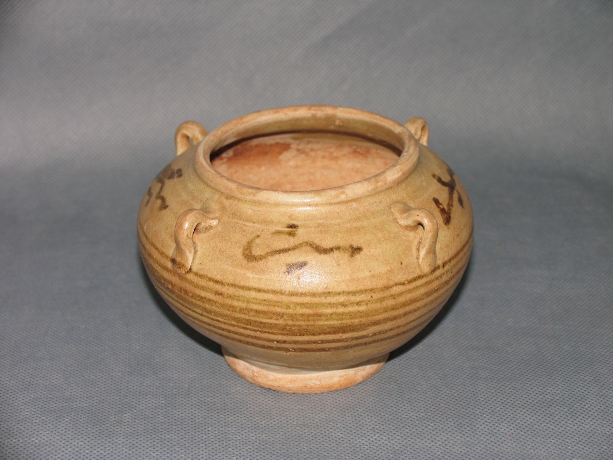 明代青釉褐彩四系瓷罐