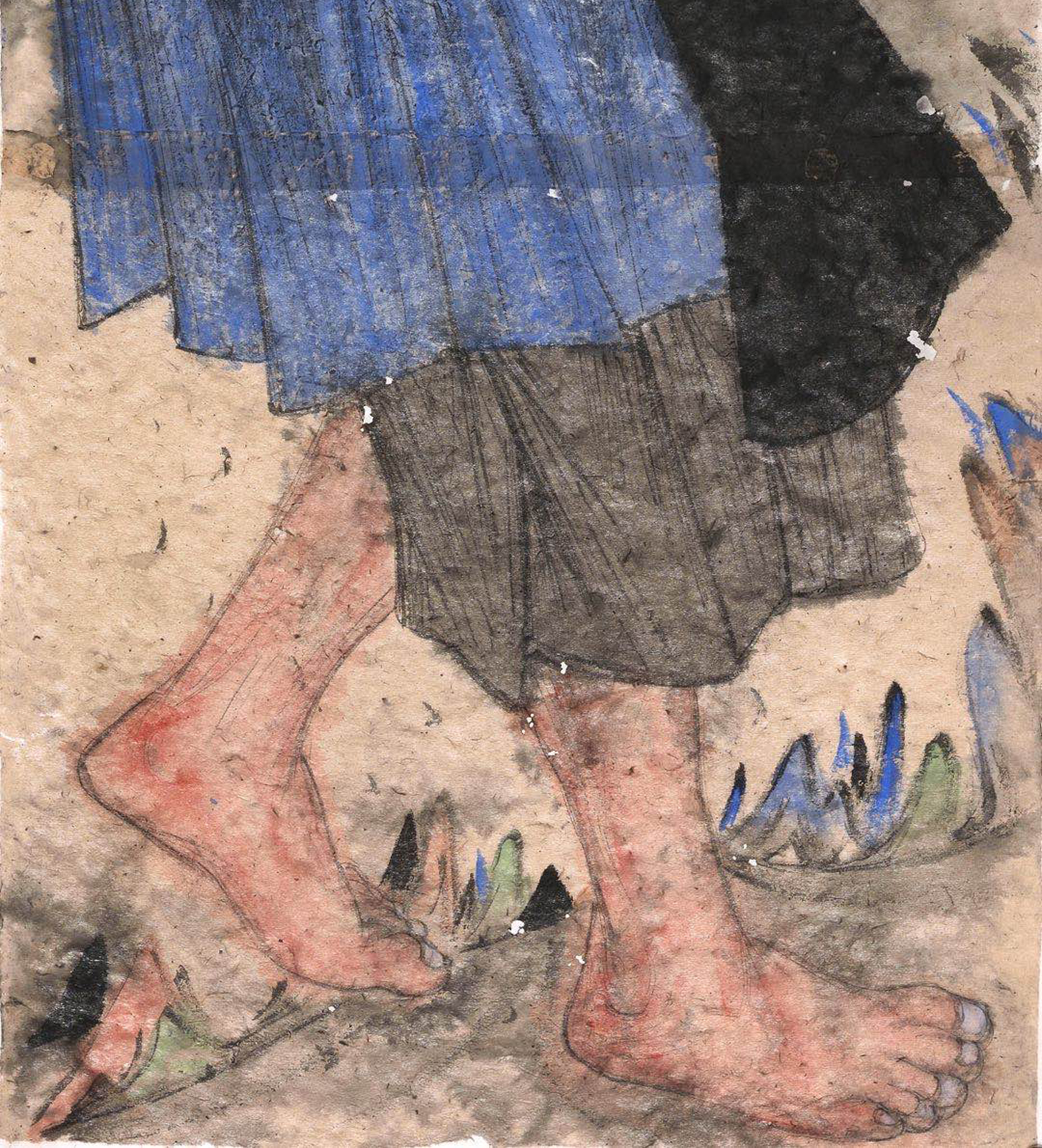 这幅作品是白裤瑶族的妇女形象,他的服饰头饰和