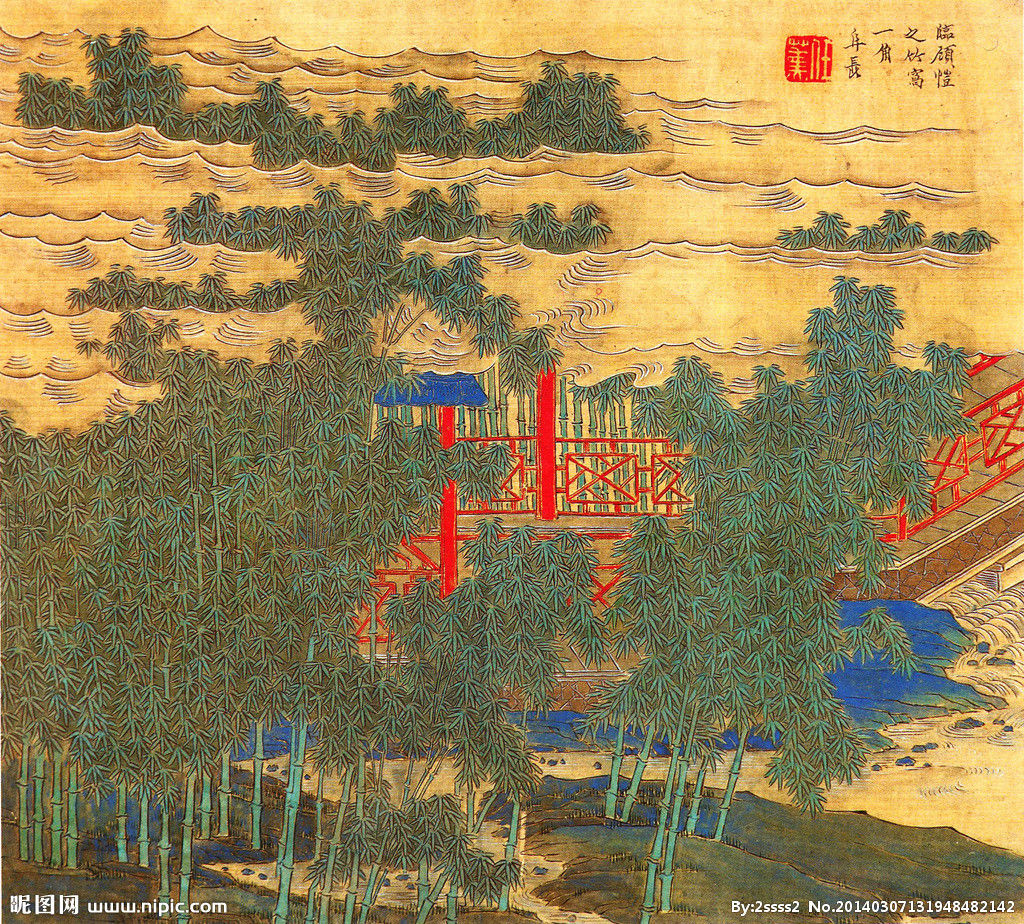 一说并非任薰所作,此图描绘的是一片竹林当中藏着红色建筑物的景象