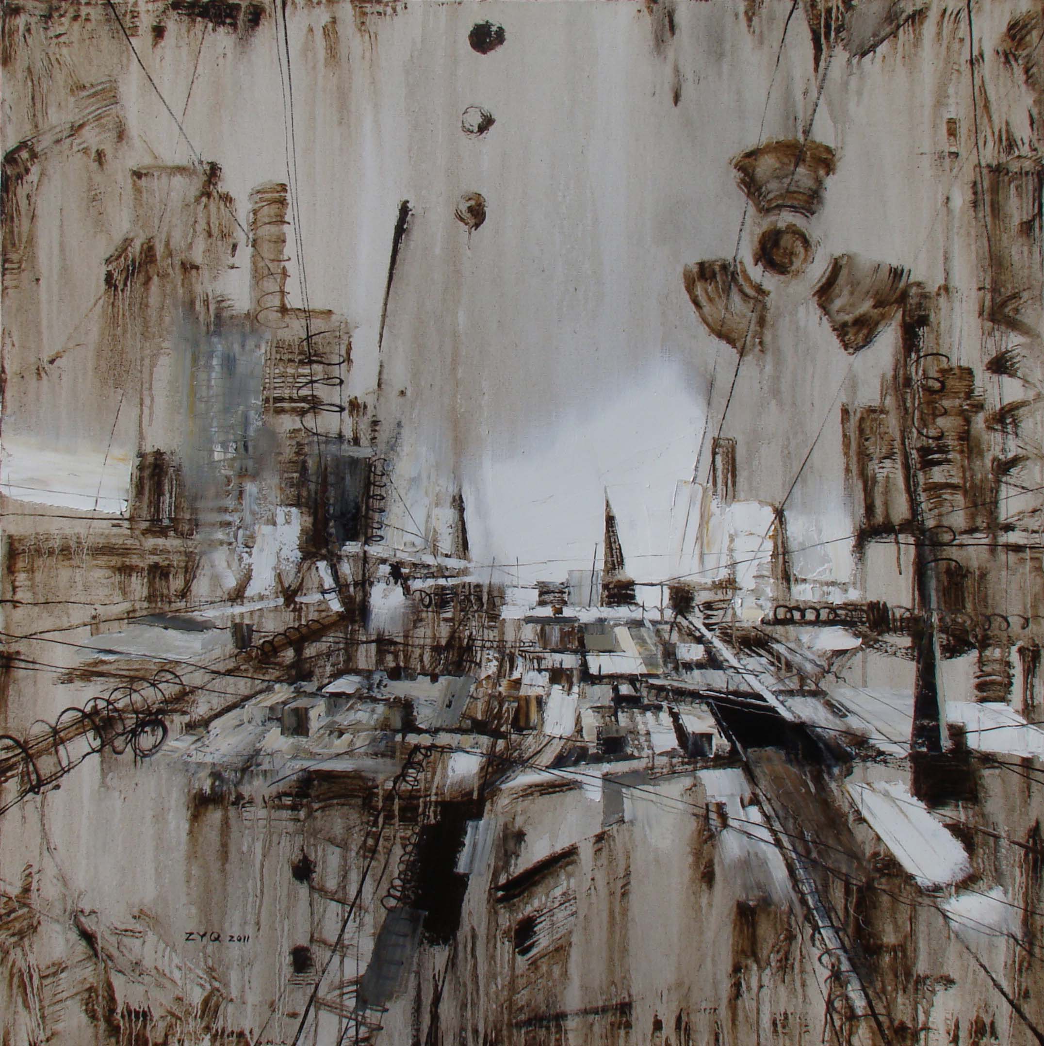 作品多以抽象解构主义为基本形式,用即兴的,带有草图式的表现手法,在