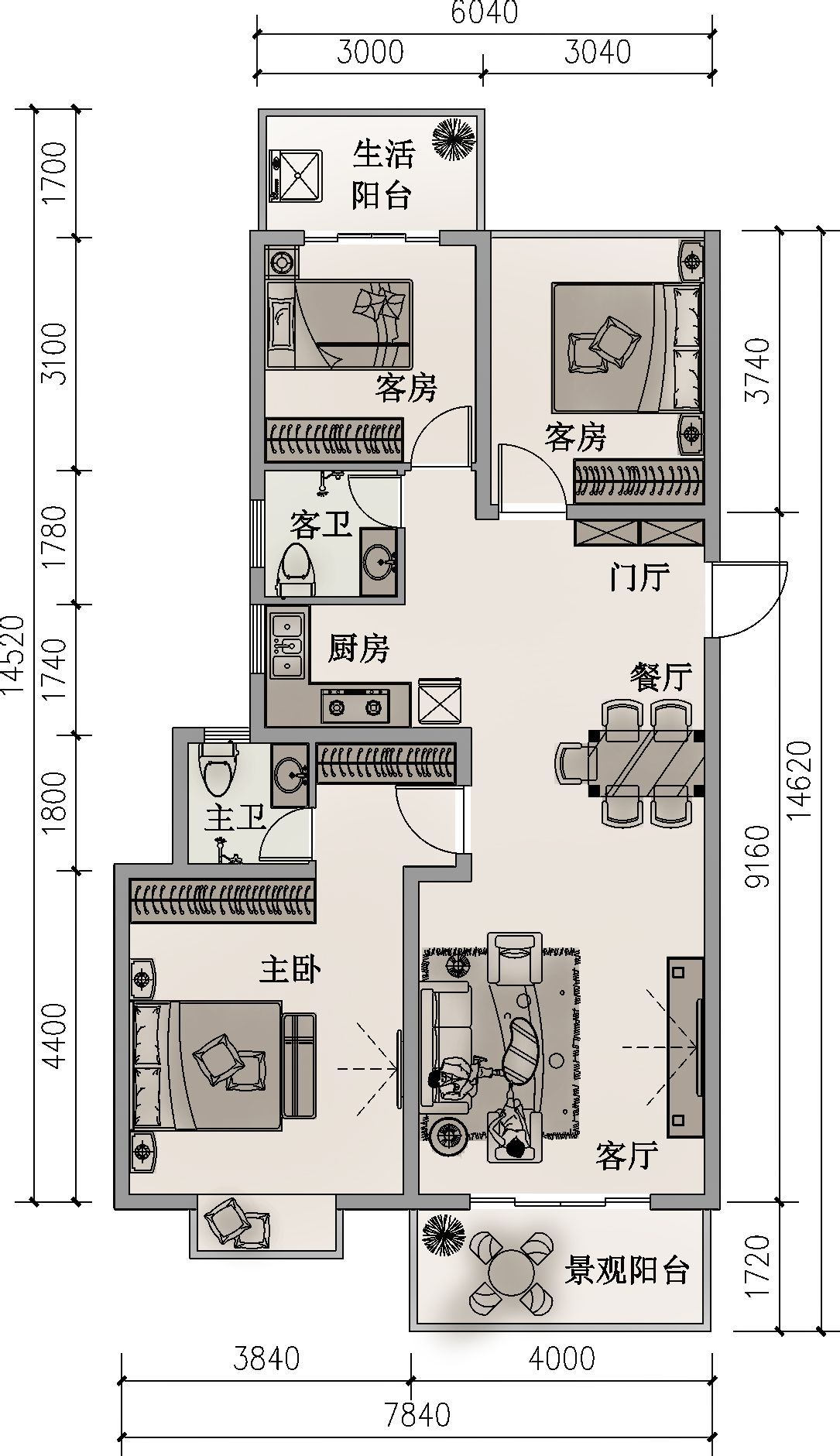 房地产术语,户型的一种,相对于大三房,是指有三间卧室户型较小,一般