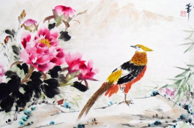 锦鸡牡丹