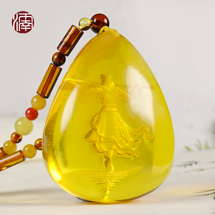 中国 琥珀彫刻 山水人物文 置物 N 3624