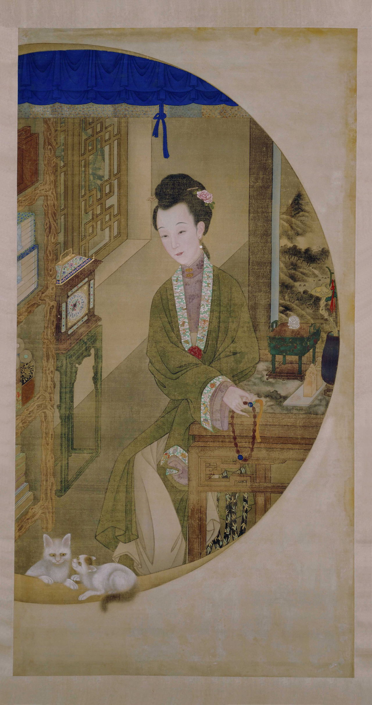 雍亲王题书堂深居图屏·捻珠观猫