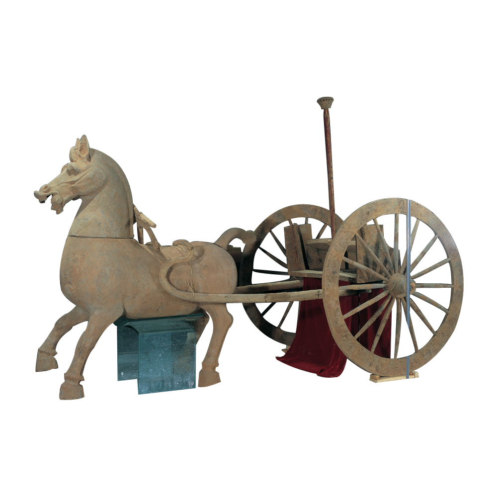 该车双辕单马,方形车舆,四面施以帷幔,成"四面屏蔽"状.