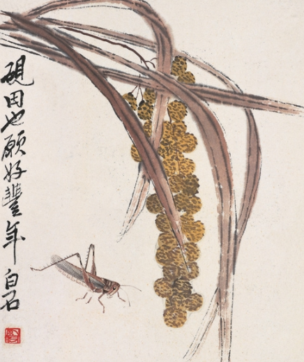  p>《谷子蚂蚱》是近现代画家齐白石于1941年创作的一幅水墨设色画.