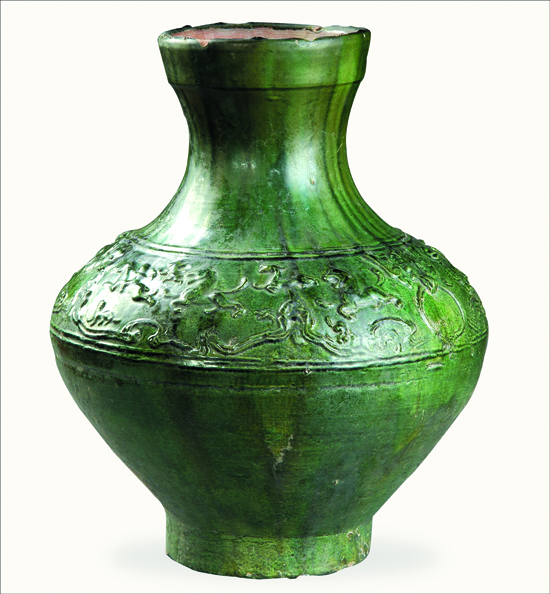 东汉斗兽纹绿釉陶壶