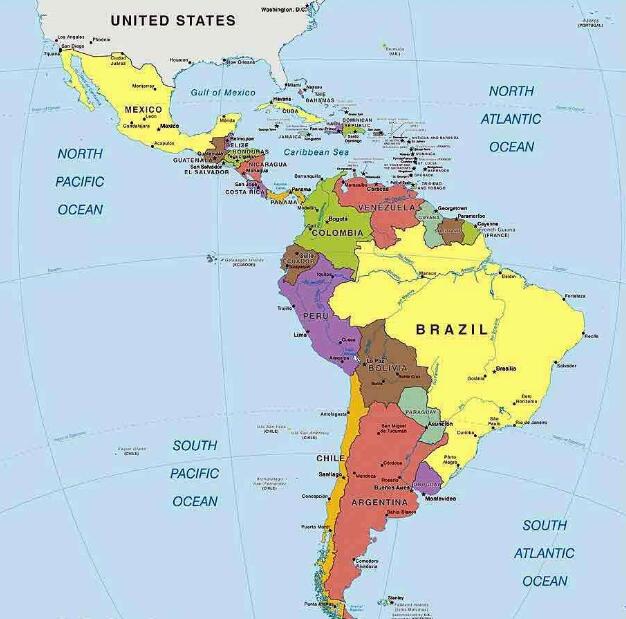 32°42′和南纬56°54′之间的大陆,包括中美洲,西印度群岛和南美洲