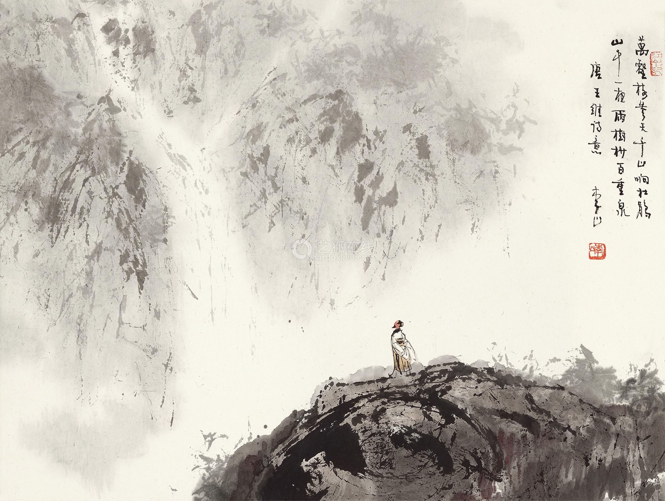 B-2714【複製】中国・王(wang FU) 巧芸紙本淡彩 山亭文会図 掛軸