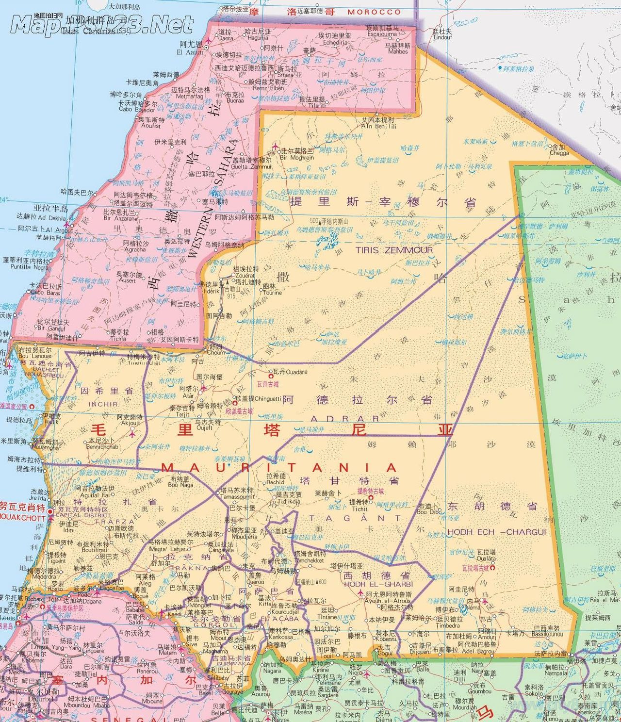 简称 b>毛里塔尼亚, /b>位于非洲西北部,地处北纬15～27度之间,面积