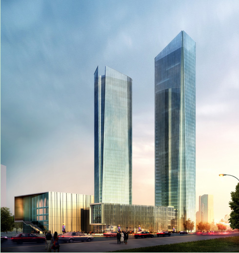 其中办公塔楼标高239米,楼顶建有直升机停机坪,酒店