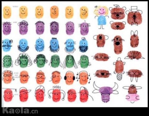 着一组由老外创意的"儿童指纹绘画",心形的太阳公公,绚丽的花朵盛开