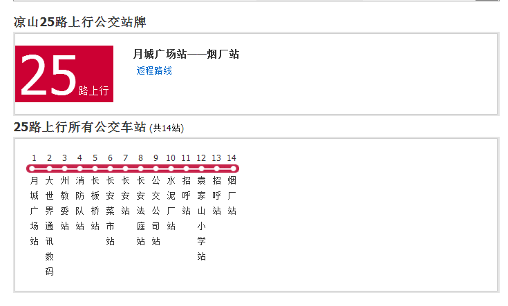  p>凉山公交25路是一条公交车路线,全程共有14个站点. /p>