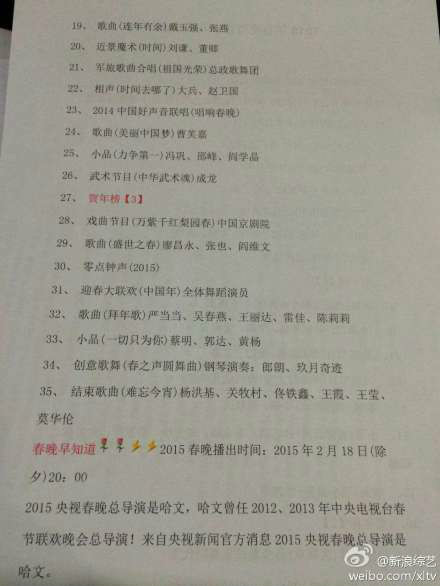2015羊年央视春晚节目单