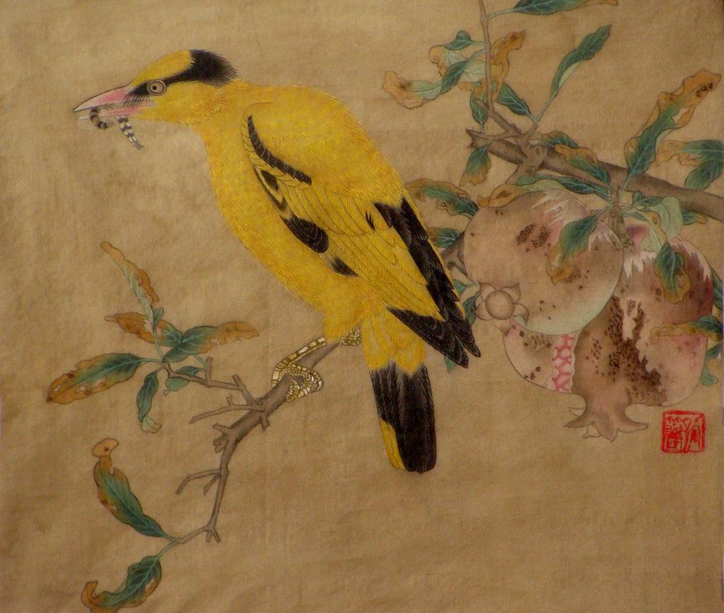 宋人画榴枝黄鸟图