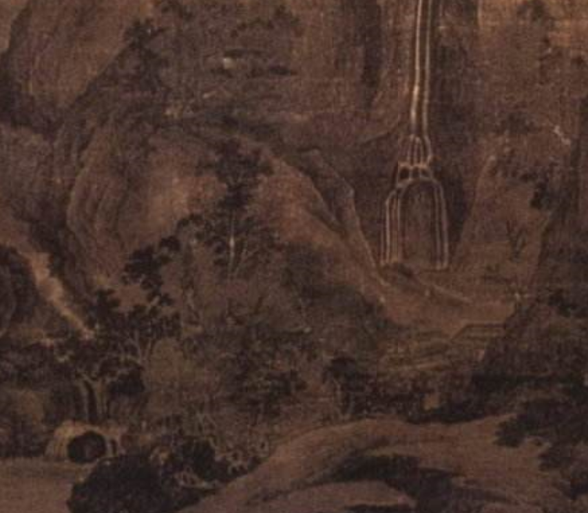 五代梁关仝画山溪待渡图轴