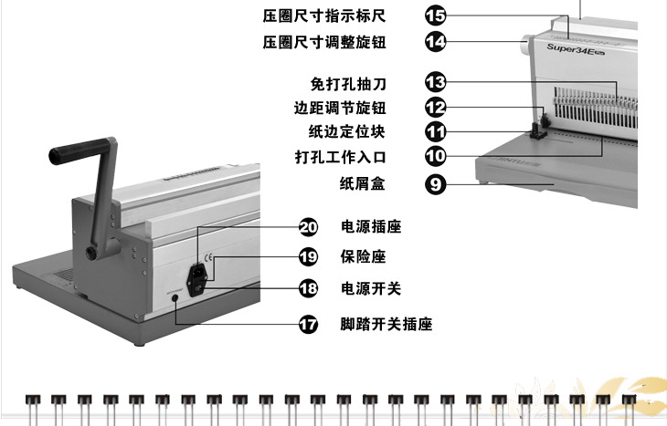 p>铁圈装订机一般分为2:1(21孔)和3:1(34孔)两种,以3:1铁圈装订机