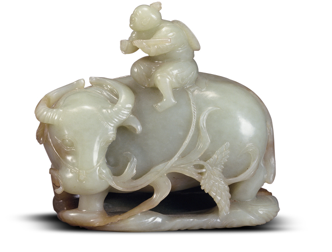  p>此展品为清代的玉器,圆雕,一水牛立于水中,背上骑一牧童,造型生动