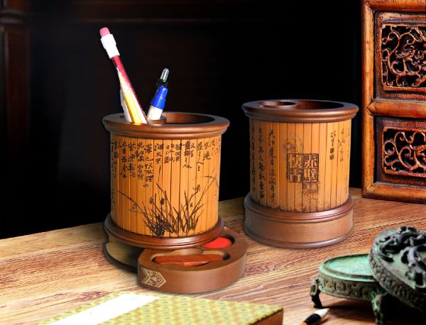 SNT1607 中国古玩 紫檀 筆筒 時代物 書道具 象嵌 中国古美術 笔筒（放笔的器具）_百度百科