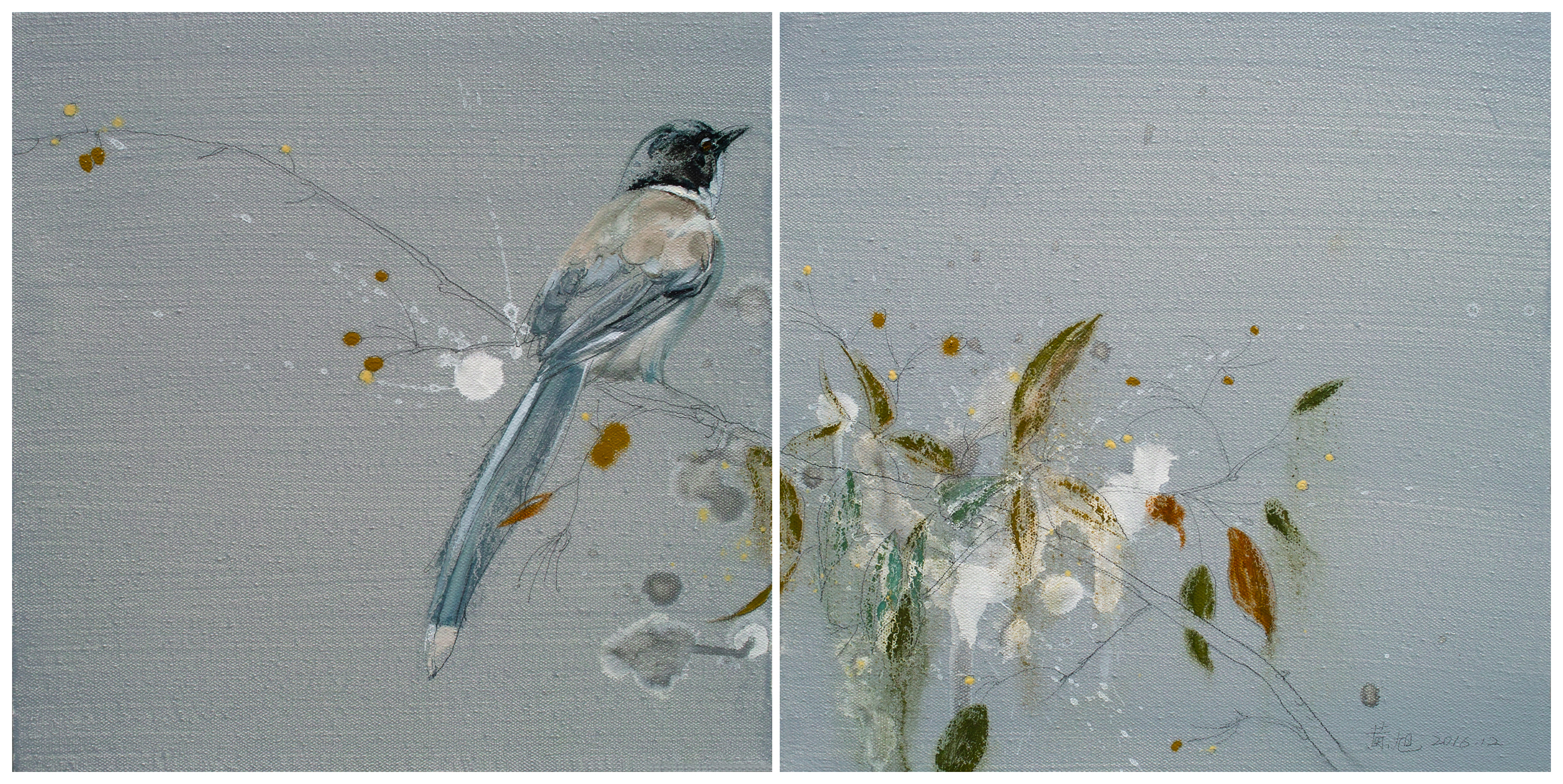  p>《无题》是黄旭于2016年创作的花鸟作品,是延续多年的喜春来系列