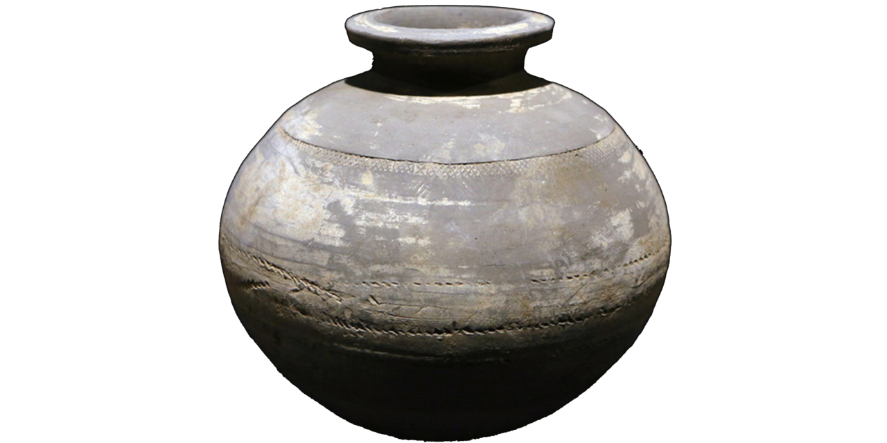 汉代灰陶方格印纹罐