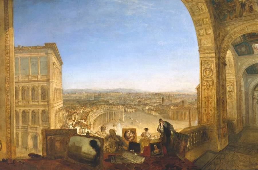 该油画描绘了从梵蒂冈门廊远眺罗马阿布齐鲁山脉的景象. /p>