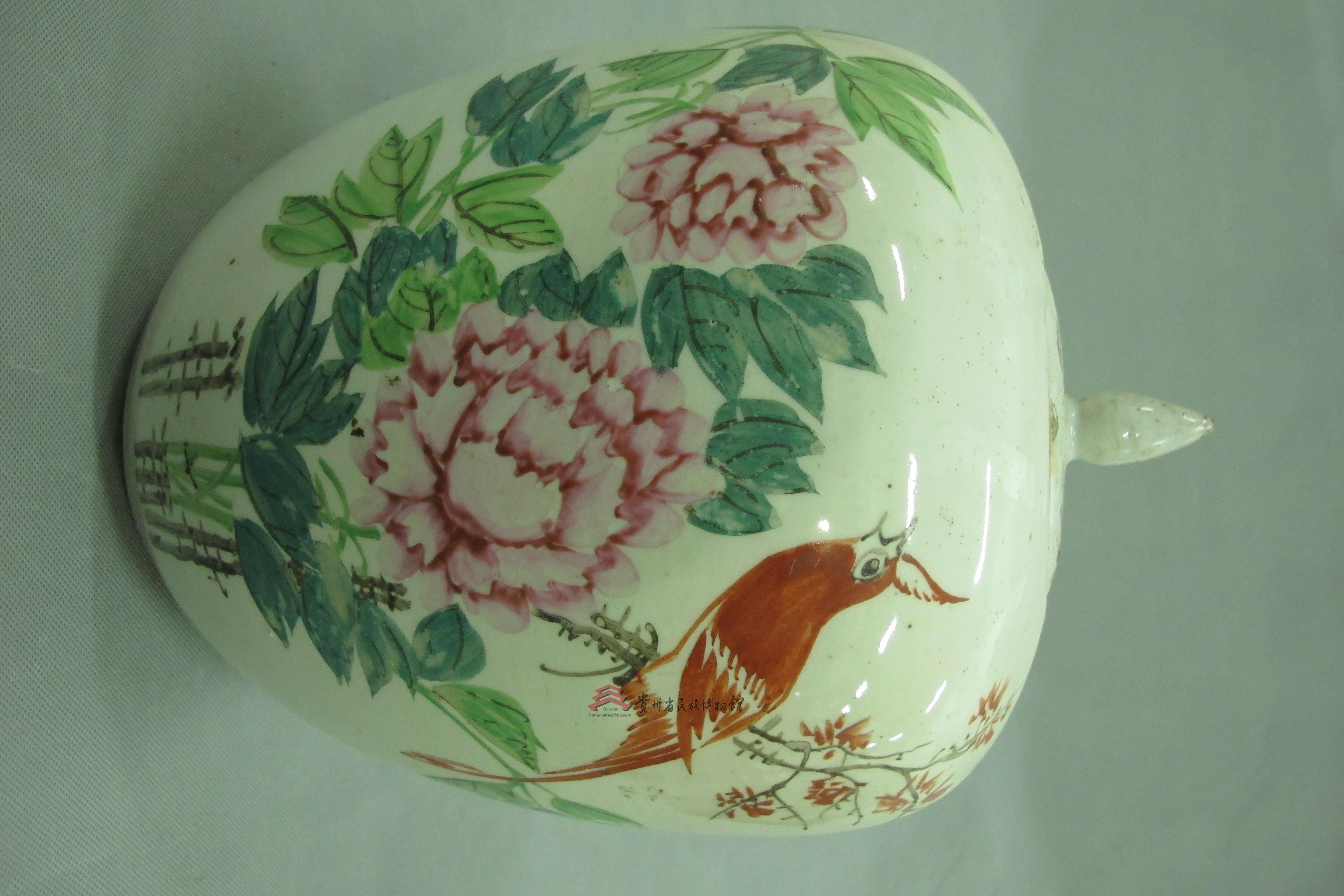 当代天柱彩绘花鸟纹瓷茶罐