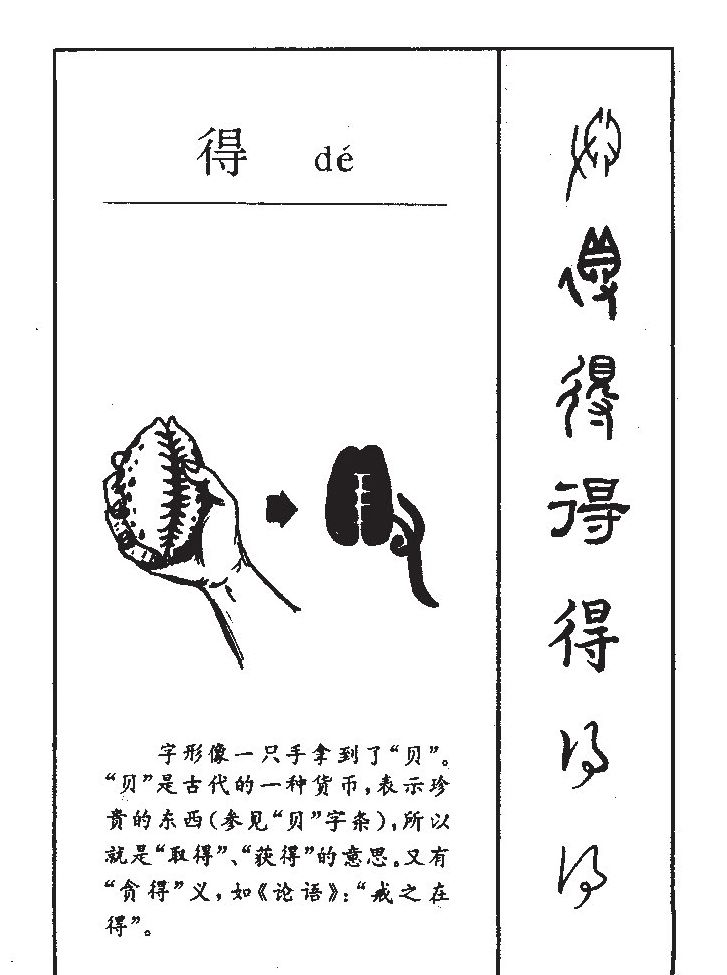 此字始见于商代甲骨文及商代金文,其古字形由又和贝组合而成,表示用手