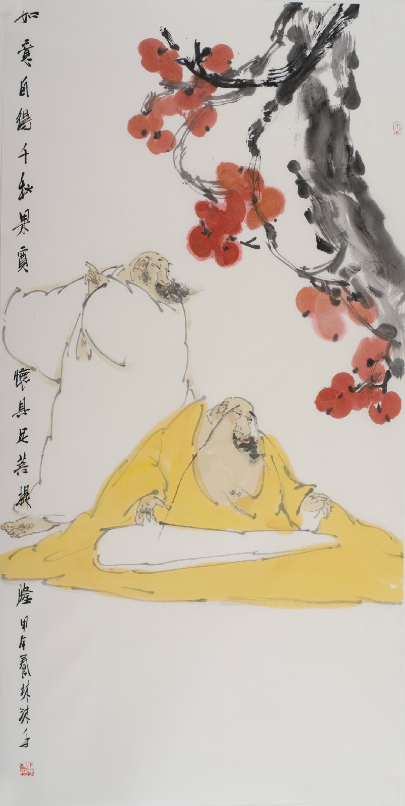 擅长中国传统写意人物,尤以儒释道人物画最为精到,他笔下的罗汉形象