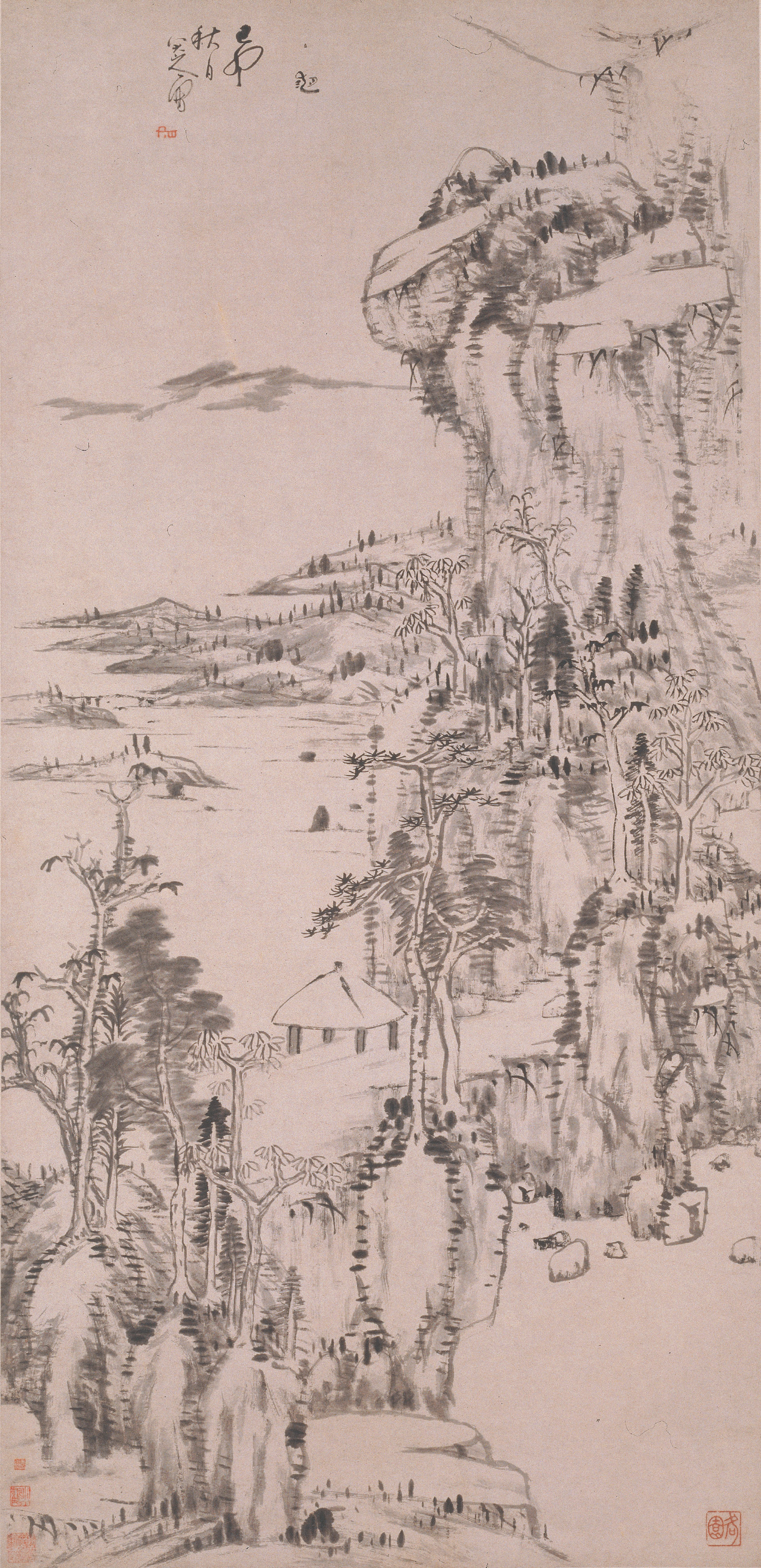 清朱耷秋林亭子图轴