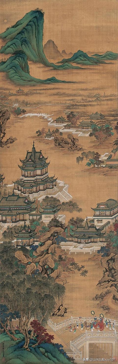 仇英山水圖 仇英青绿山水《仿赵伯驹炼丹图》轴- 国画高清图片下载- 集古作网