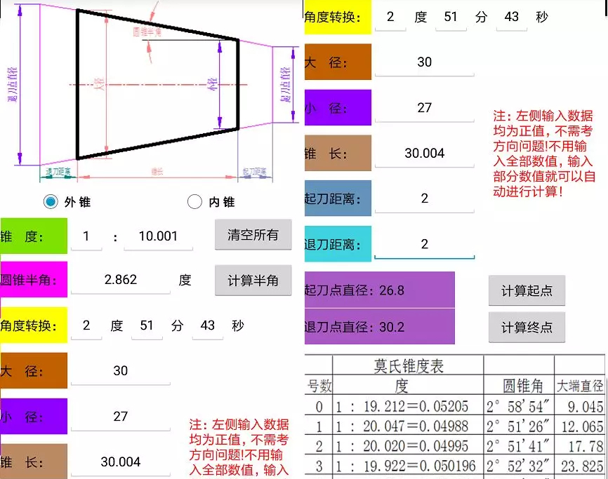主要提供给从事车工,数控人员以及机械人员使用,本软件可以自动计算