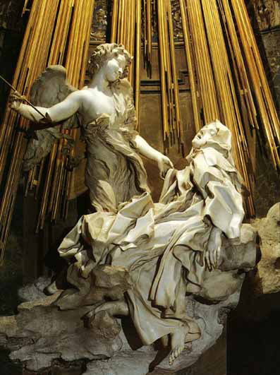  p>《圣女德列萨》是一幅立体的绘画,雕刻家用锤和凿在云石上描绘少女