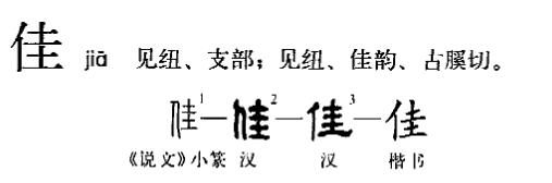 ">佳,汉语汉字,读作jiā,汉语常用字(一级字),最早出自小篆《说文》