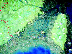 向东延伸到海峡中部的台湾浅滩,再向东北,经澎湖列岛而后直至台湾西部