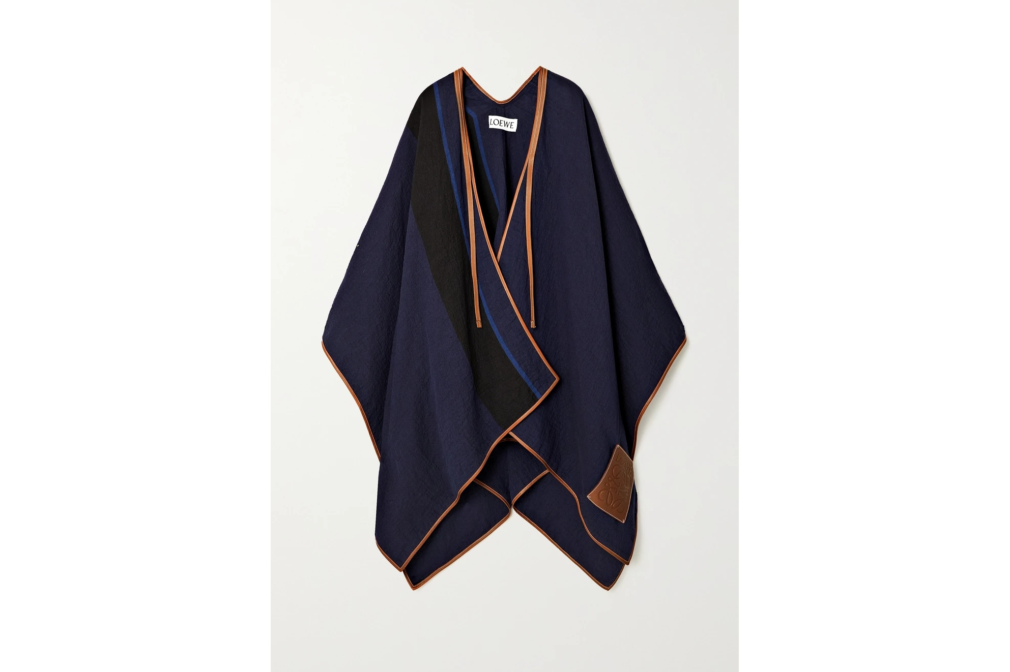 条纹皮革边饰褶皱亚麻棉丝混纺披风