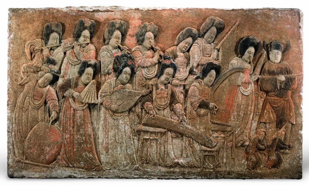 五代白石彩绘散乐图浮雕