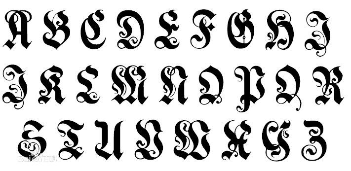 字体,又称blackletter,哥特体,在公元1150年到17世纪,它曾是风靡欧洲