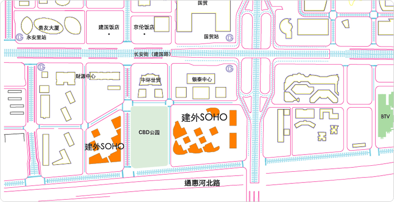  p>北京建外soho位于北京市朝阳区东三环中路39号(国贸中心对面),总