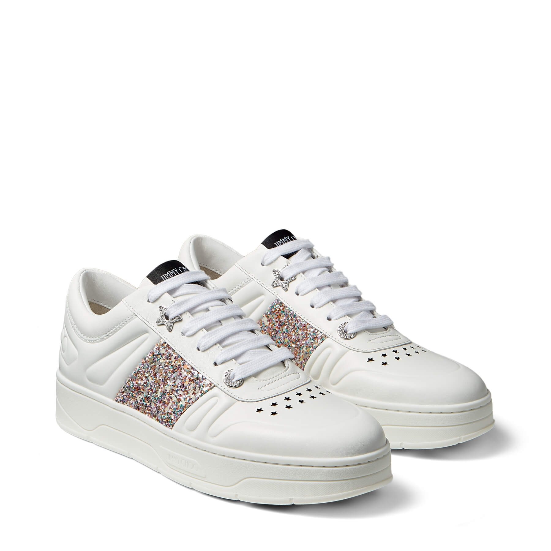 正粉色粗粒闪粉放光条饰深白色小牛皮系带运动鞋