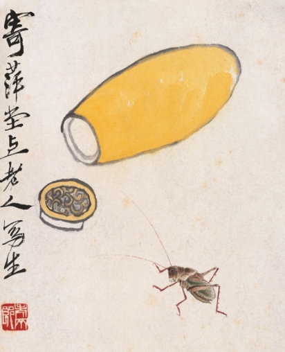  p>《葫芦蝈蝈》是近现代画家齐白石于1930年创作的一幅水墨设色画.