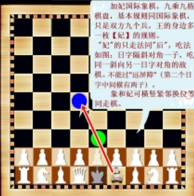 九乘九格棋盘,基本规则同国际象棋,只是双方九个兵,王的身边多一枚