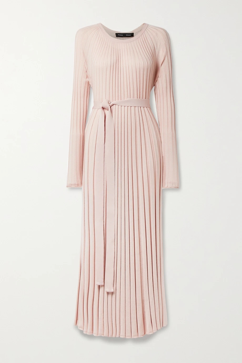 配腰带褶裥真丝羊绒混纺超长连衣裙