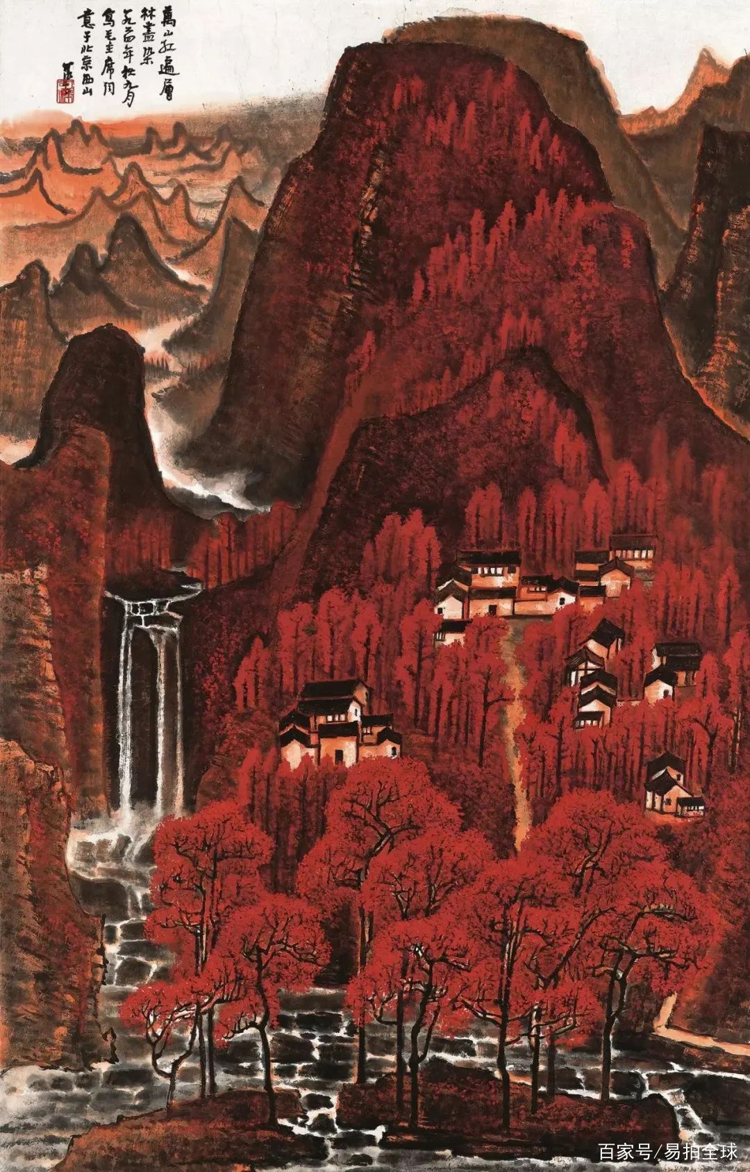 李可染 山水画 掛け軸 千山紅艶図 中国画風 表装済 サイズ：77×175cm 为祖国山河立传| 10幅李可染经典之作揭开红色题材独特魅力_百科TA说