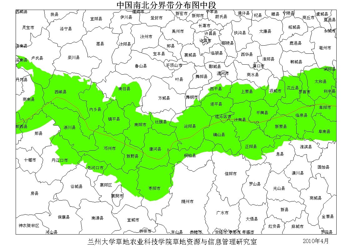  p>《中国南北分界带分布图》,全称《基于gis的中国南北分界带分布图